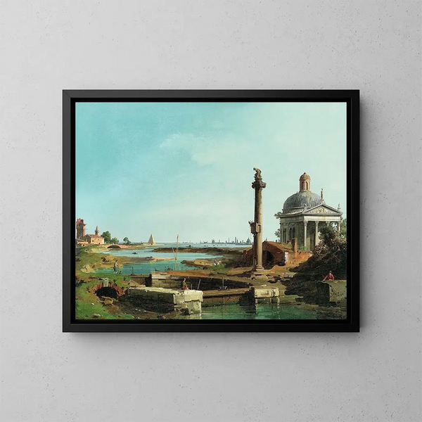 En lås, en kolumn och en kyrka vid kanten av en lagun - Canaletto — inramlat konstverk på väggen