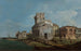 Caprice venetian med en oval kyrka nära lagunen - Canaletto — vy av konstverket