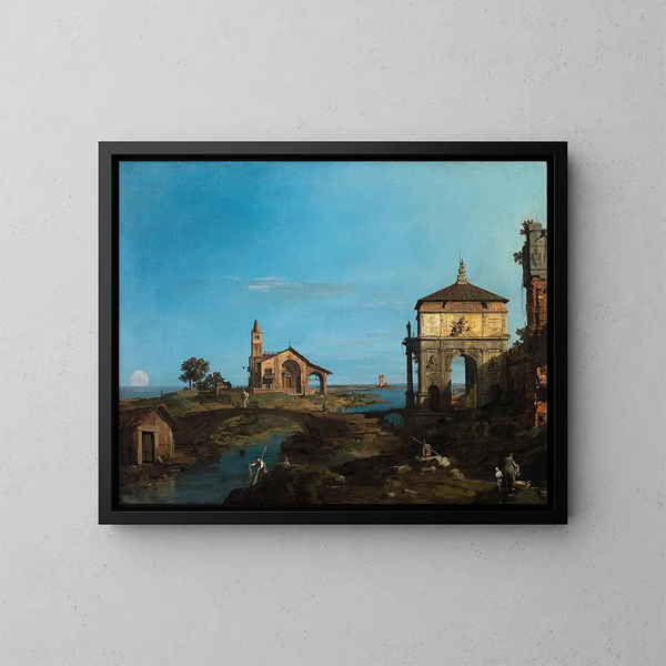 En ö i lagunen med en port och en kyrka - Canaletto — inramlat konstverk på väggen