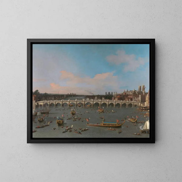 Westminsterbron med borgmästarens procession på Thames - Canaletto — inramlat konstverk på väggen