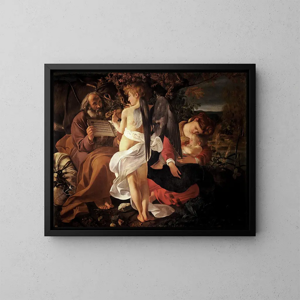 Repos under flykten till Egypten - Caravaggio — inramlat konstverk på väggen