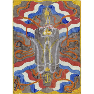 Carel Adolph Lion Cachet - Ontwerp met vlaggen vaandels en een gekroonde W en B.webp