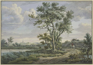 Carel Lodewijk Hansen - Baumgruppe am Wasser ein Reiter auf einem Schimmel spricht mit einem sitzenden Bauern.webp