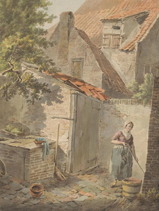Carel Lodewijk Hansen - Binnenplaats met een dienstmeid die schoonmaakt.webp