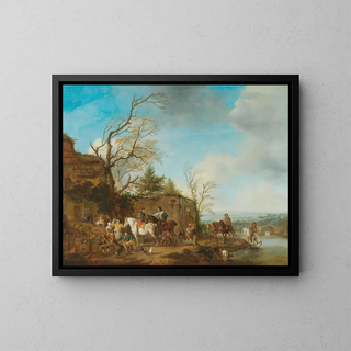 Carel van Falens - A riding party taking refreshments in a river landscape.webp