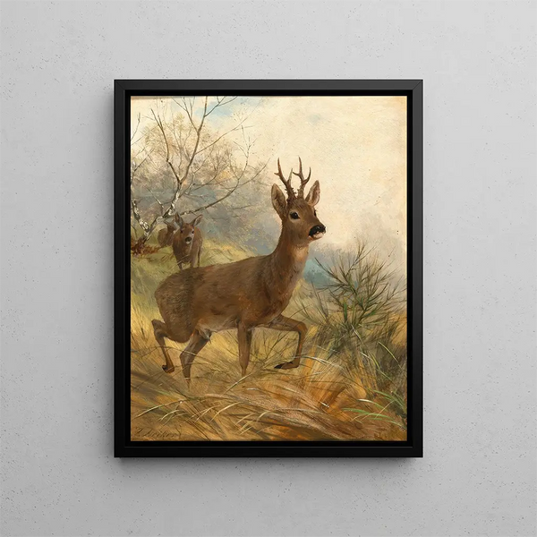 En älg och en hjort - Carl Friedrich Deiker — inramlat konstverk på väggen