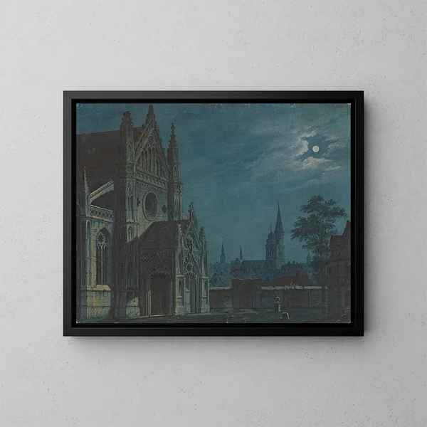 Måne över en kyrkas innergård med rik murverk - Carl Gustav Carus — inramlat konstverk på väggen