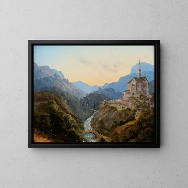 Landskapsbild med berg, en floddal och ett kloster i kvällsljus - Carl Gustav Carus — inramlat konstverk på väggen