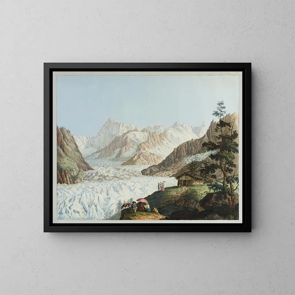Vue de la Mer de Glace et de l'Hôpital de Blair depuis le sommet du Montanvert en août 1781 - Carl Ludwig Hackert — inramlat konstverk på väggen