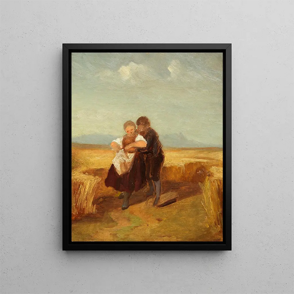 pojke och flicka i ett majsfält - Carl Spitzweg — inramlat konstverk på väggen