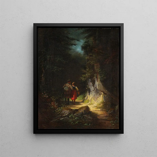 Jägare med en flicka Den förälskade jägaren - Carl Spitzweg — inramlat konstverk på väggen
