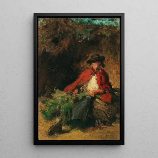 Reproduktion av målningen av en ung flicka sittande med en röd kappa, en hare foran henne - Carl Spitzweg