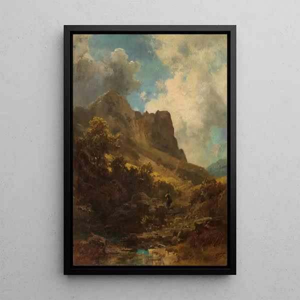 Gorge de la vallée med herde - Carl Spitzweg — inramlat konstverk på väggen