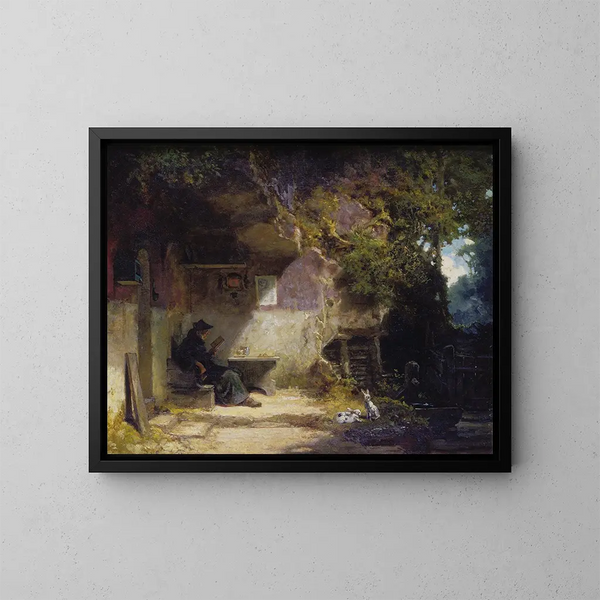 Le ermite devant sa retraite - Carl Spitzweg — inramlat konstverk på väggen