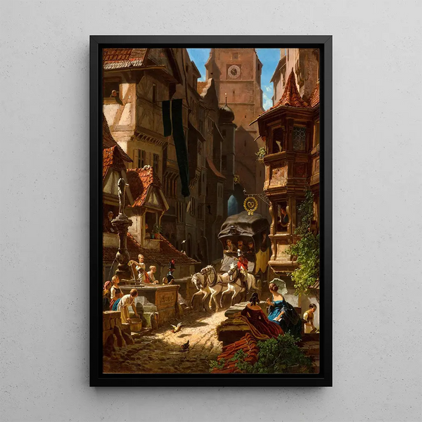 L'arrivée de la diligence - Carl Spitzweg — inramlat konstverk på väggen