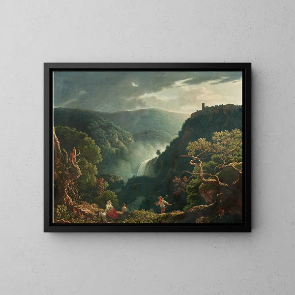 Les chutes d'eau de Tivoli avec des figures au premier plan - Carlo Labruzzi — inramlat konstverk på väggen
