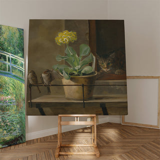Stillleben mit einer Primel in einem Blumenkrug, eine Katze und zwei Spatzen - Martinus Rørbye