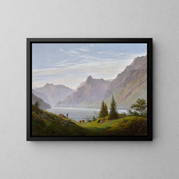 Landskap med bergssjö på morgonen - Caspar David Friedrich — inramlat konstverk på väggen