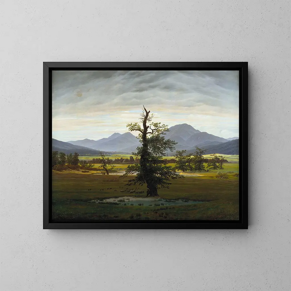 Landskapsmålning av en by vid morgonljus, det ensamma trädet - Caspar David Friedrich — inramlat konstverk på väggen