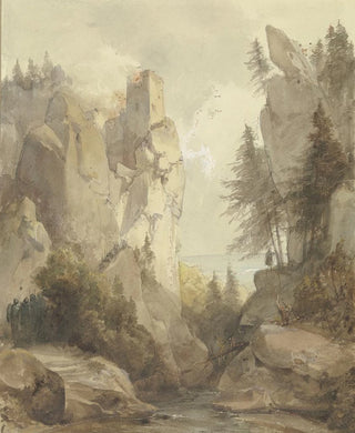 Caspar Scheuren - Eine brennende Burg auf einem Felsen.webp