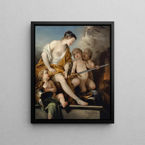 Venus och Cupido med Mars armar - Charles André van Loo — inramlat konstverk på väggen