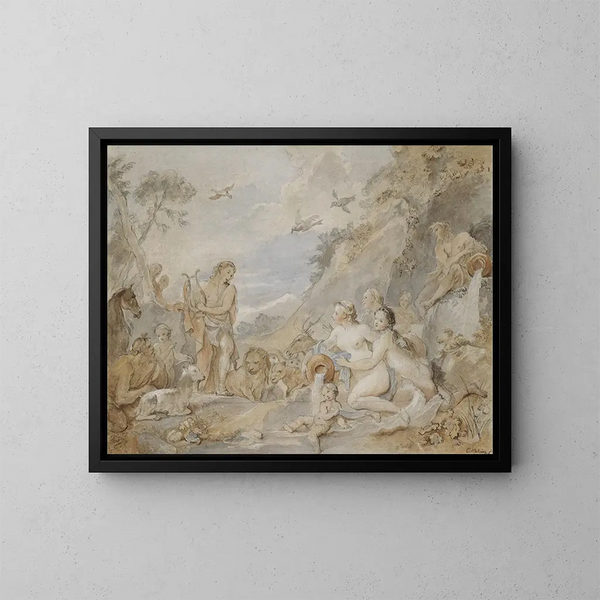 Orphée som förtrollar nymfer, dryader och djur - Charles-Joseph Natoire — inramlat konstverk på väggen
