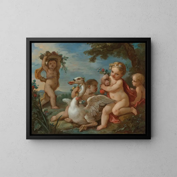 Putti som pryder en svan med en blomsterkrans - Charles-Joseph Natoire — inramlat konstverk på väggen