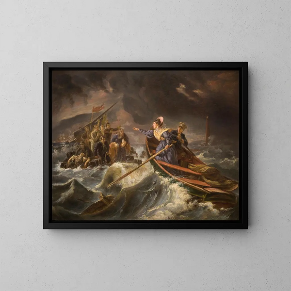 Grace Darling och hennes far som räddar överlevande från förlisningen av Forfarshire på Farneöarna, 7 september 1838 - Charles Achille d'Hardiviller — inramlat konstverk på väggen