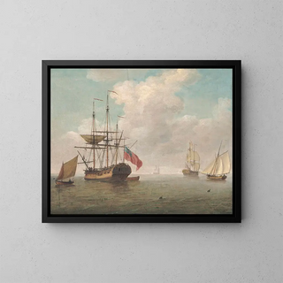 Charles Brooking - A Small ManOwar At Anchor With Cutters Under Sail.webp