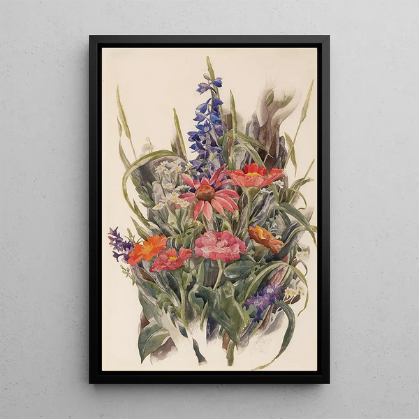 Reproduktion av målningen Zinnias, delphiniums och prästkragar - Charles Demuth