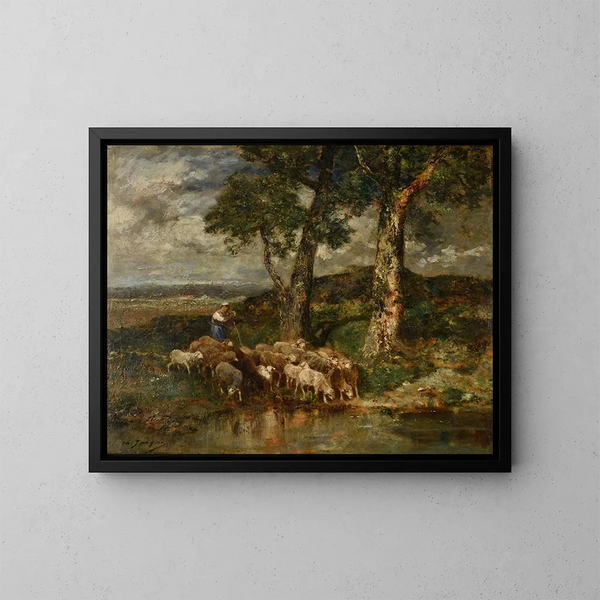Moutons au labreuvoir - Charles Émile Jacque — inramlat konstverk på väggen