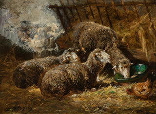 Charles Emile Jacque - Sheep and chickens in a stable.webp