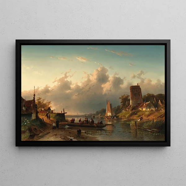 Charles Leickert - A ferry crossing a river in the evening.webp