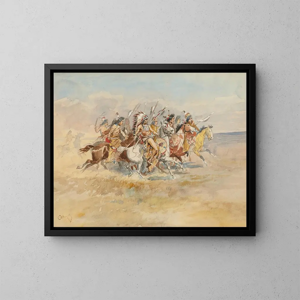 Blackfeet krigsgemenskapen - Charles Marion Russell — inramlat konstverk på väggen