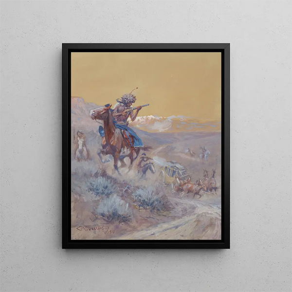La scène devant nous avait été attaquée par des Indier och brändes. Indiangatt - Charles Marion Russell — inramlat konstverk på väggen
