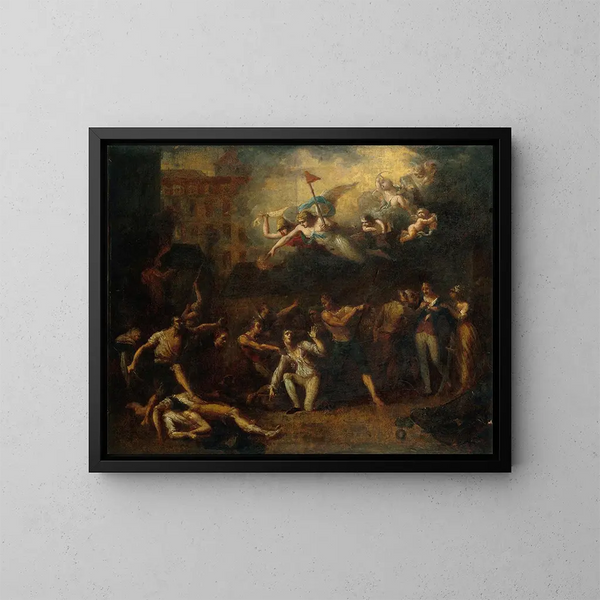 M. de Pelleport som interponerade sig för att rädda M. de Losme, officer vid Bastiljen, framför Hôtel de Ville, den 14 juli 1789, Revolution - Charles Thévenin — inramlat konstverk på väggen