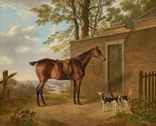 Charles Towne - A saddled bay hunter with two hounds outside a stable.webp