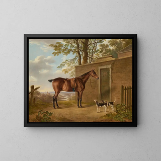 Charles Towne - A saddled bay hunter with two hounds outside a stable.webp