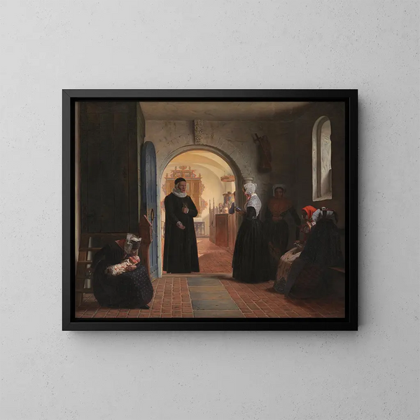 En högtidlig procession i kyrkan efter förlossningen - Christen Dalsgaard — inramlat konstverk på väggen