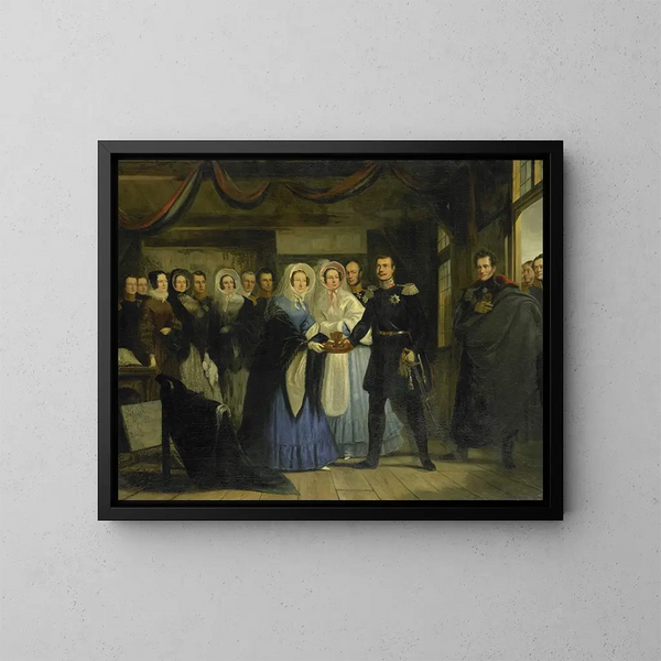 La princesse d'Orange recevant Alexandre II, grand-duc et héritier du trône de Russie, dans la maison du tsar Pierre à Zaandam - Christiaan Julius Lodewijk Portman — inramlat konstverk på väggen