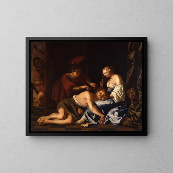 Pendant que Samson dort sur les genoux de Dalila, un Philistin lui coupe les cheveux. - Christiaen van Couwenbergh — inramlat konstverk på väggen