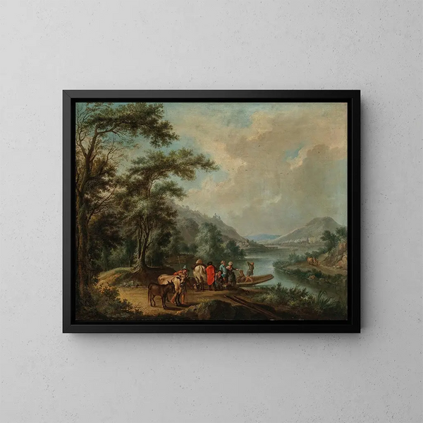 ett landskap vid Rhen med en färja nära Bonn, Rolandsbogen, Drachenfels och ön Nonnenwerth i fjärran - Christian Georg Schütz den äldre — inramlat konstverk på väggen
