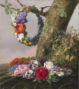Christine Lvmand - En Buket Blomster Ved Foden Af Et Tr P En Gren Hnger En Blomsterkrans.webp