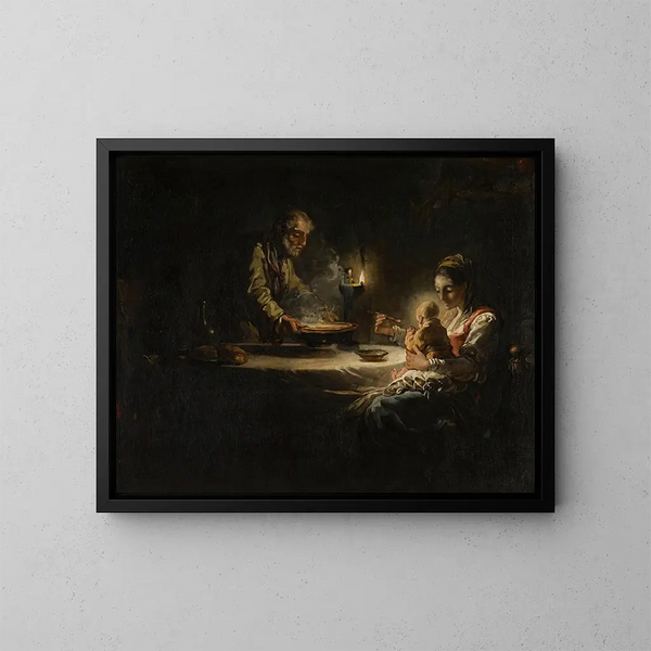 En inomhusscen med den heliga familjen vid bordet - Jean-Honoré Fragonard-kretsen — inramlat konstverk på väggen