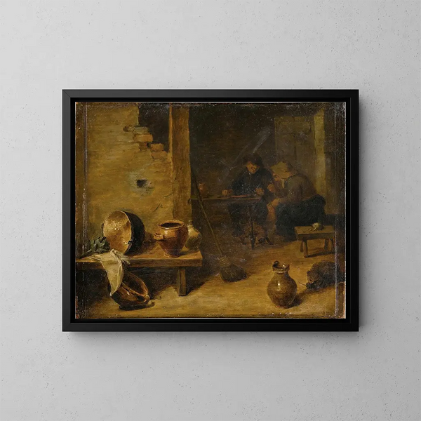 en inomhus tavern med bönder som äter i bakgrunden - Cirkel av David Teniers den yngre — inramlat konstverk på väggen