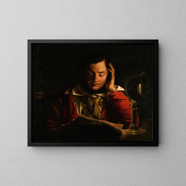 Porträtt av en lärd i sitt studierum - Cirkel av Joseph Wright of Derby — inramlat konstverk på väggen