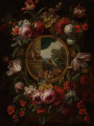 Circle of Karel van Vogelaer - A garland of flowers encircling a tondo with fruit monkey and parrot.webp