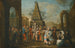en gatsscen med artister från Commedia dell'arte och musiker samlade runt två marionetter, ett obelisk i bakgrunden - Marco Marcola's cirkel — vy av konstverket