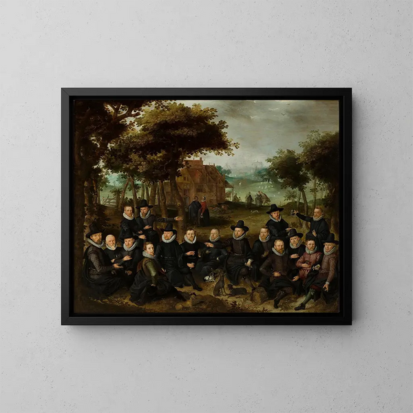 officerare från den gamla milisen i Alkmaar i ett landskap - Claes Jacobsz van der Heck — inramlat konstverk på väggen