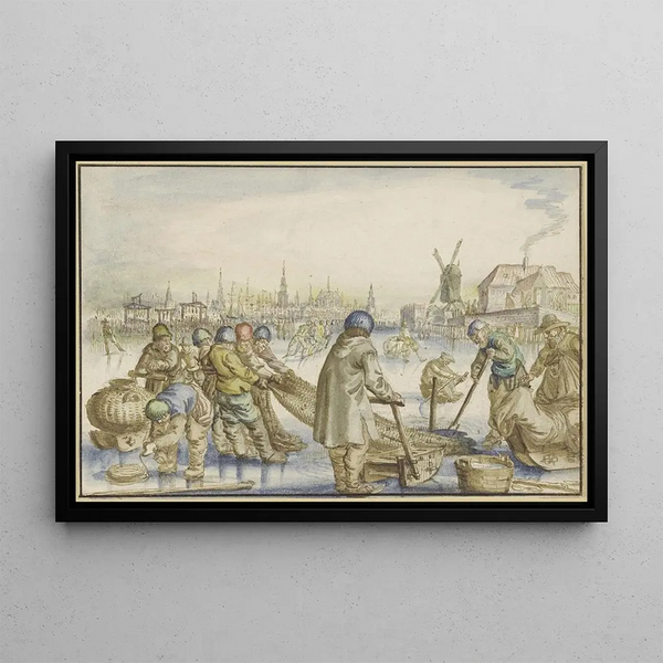 Claes Janszoon Visscher I - Winterlandschaft mit vielen Schlittschuhlufern im Vordergrund ziehen Fischer ein Netz aus dem Eise.webp